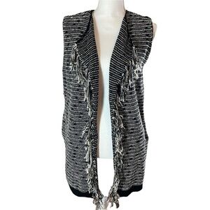 Lysse Fringe Long Cardigan Black & White Sweater Duster Vest with Pockets-S/M